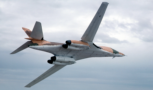 Prototype B-1A Lancer with camouflage top and anti-flash underside (US Air Force)